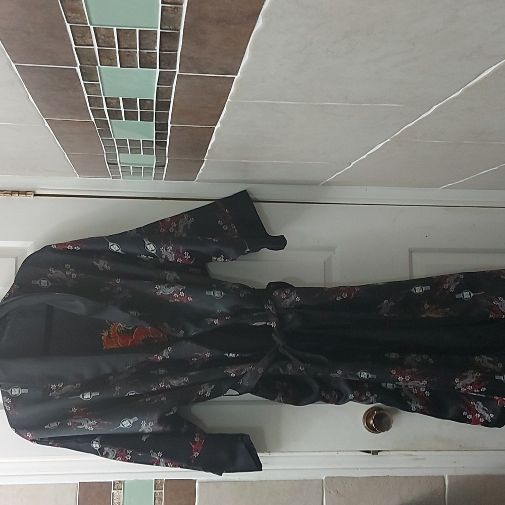 Black Floral Satin Robe with Belt